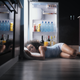 A person sleeps in doorway of an open refrigerator